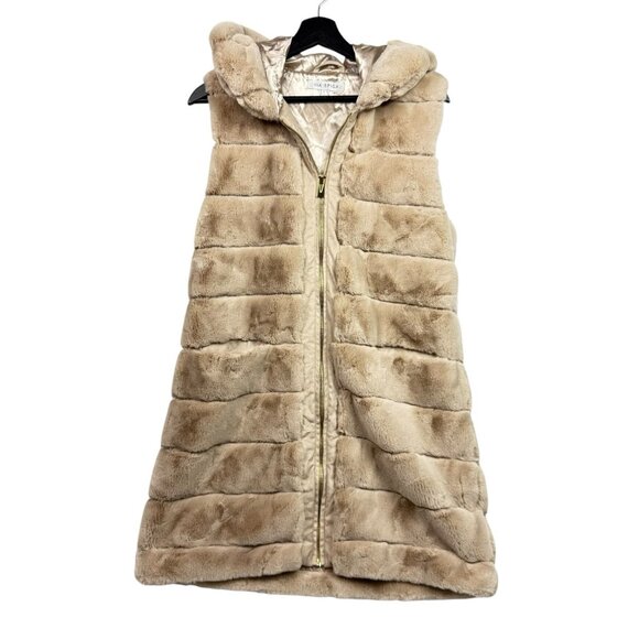NEW Via Spiga Women's Medium Grooved Faux Fur Hooded Vest Sleeveless Long Beige